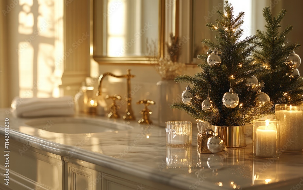 A chic bathroom featuring marble counters, a small glowing Christmas tree with silver baubles, and golden holiday candles A chic bathroom featuring marble counters, a small glowing Christmas tree with silver baubles, and golden holiday candles