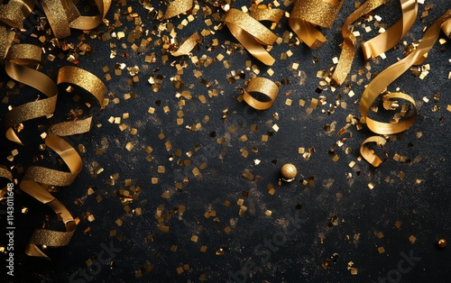 A luxurious holiday backdrop with cascading golden ribbons and metallic confetti scattered over a matte black surface