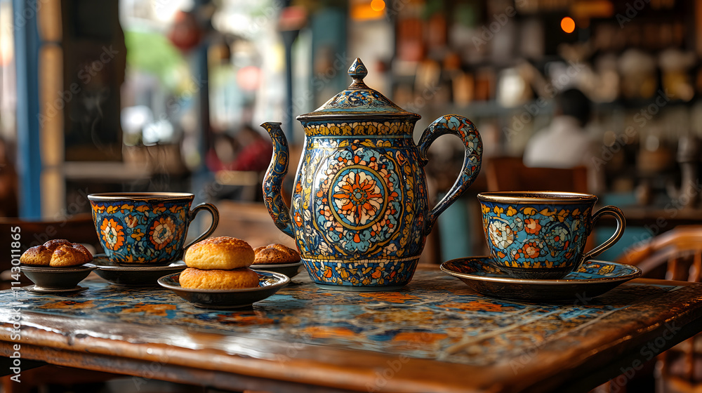 An Elegant Setup of Traditional Turkish Coffee Served with Decorative Cups and Local Pastries in a Cozy Cafe An Elegant Setup of Traditional Turkish Coffee Served with Decorative Cups and Local Pastries in a Cozy Cafe