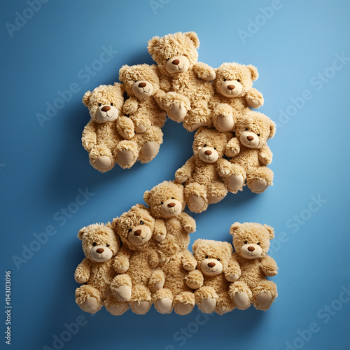 Made of teddy bears number two isolated on blue background, soft toys made digit 2 photo