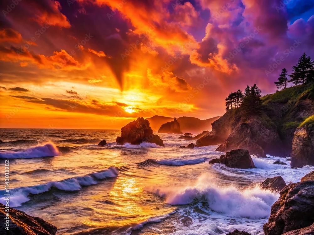 West Coast Silhouette, Rugged Shoreline Photography, Dramatic Ocean Sunset, Coastal Landscape, Pacific Ocean Silhouette