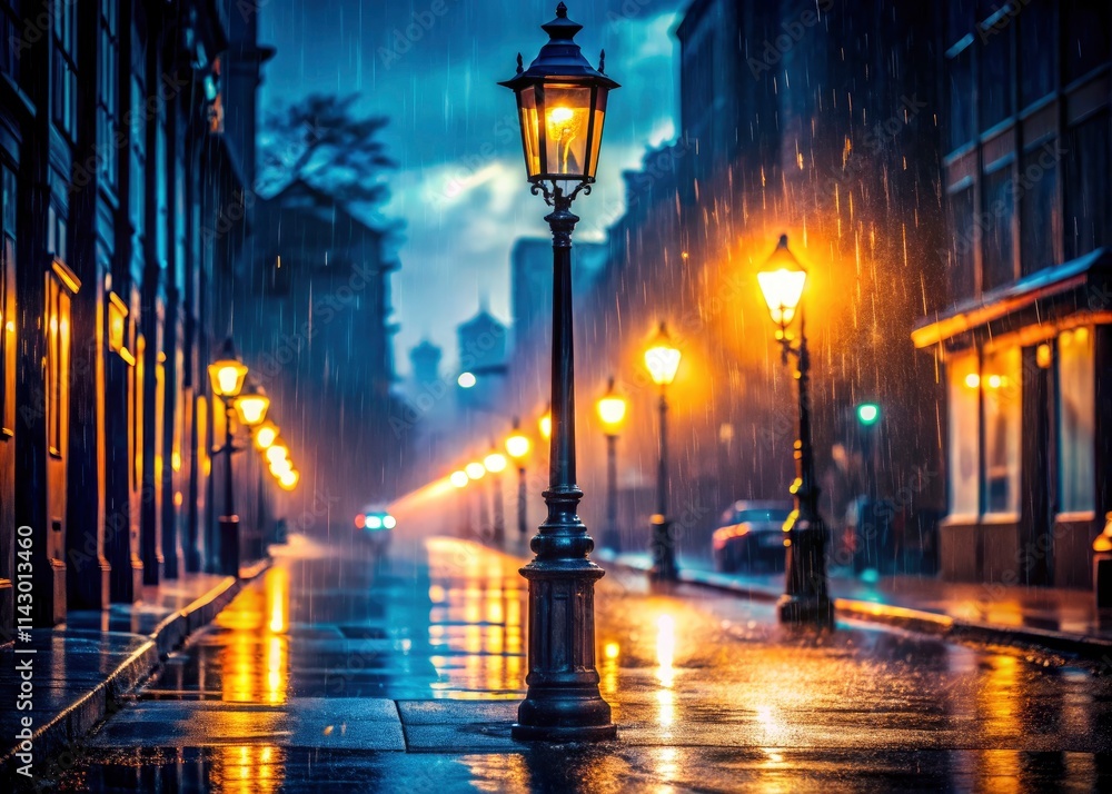 Dark city nightscape: a lone lamppost's glow illuminates the urban street scene, captured in stunning night photography.