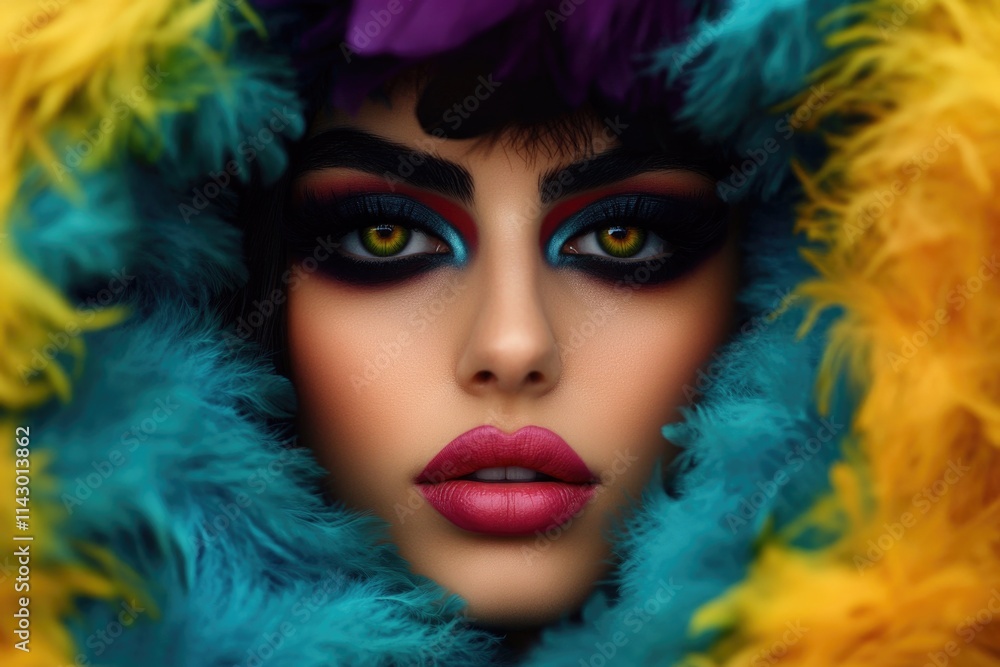 Vibrant makeup on young caucasian female framed by colorful feathers Vibrant makeup on young caucasian female framed by colorful feathers