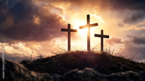 Three crosses on the hill of Calvary, with light shining down from behind them and clouds in front.  photo