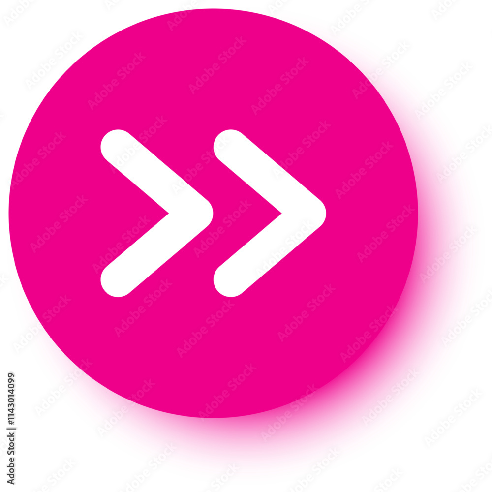 Double white arrow pointing right on pink circle button representing forward, next, play, or fast forward function, ideal for web design, user interface, or graphic design projects Double white arrow pointing right on pink circle button representing forward, next, play, or fast forward function, ideal for web design, user interface, or graphic design projects