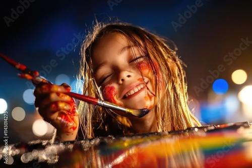 Joyful caucasian female child painting with vibrant colors at night photo