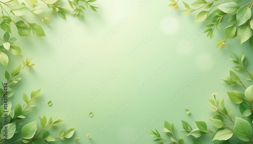 green leaves background, Spring banner, greeting card. Soft, refreshing design with a pastel green background. green leaves background, Spring banner, greeting card. Soft, refreshing design with a pastel green background.