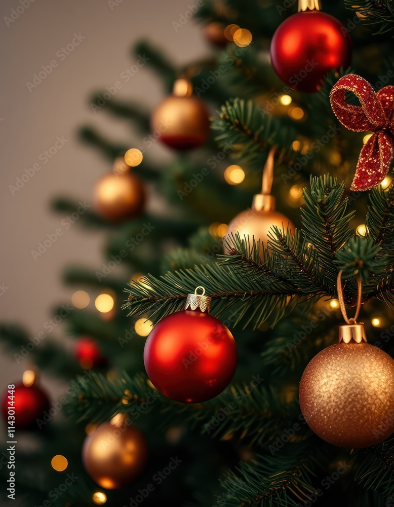 Closeup view of festive Christmas tree. Red, gold Christmas balls hang on tree branches. Warm light illuminates decorations. Traditional Christmas decoration for cozy winter celebration. Perfect for Closeup view of festive Christmas tree. Red, gold Christmas balls hang on tree branches. Warm light illuminates decorations. Traditional Christmas decoration for cozy winter celebration. Perfect for