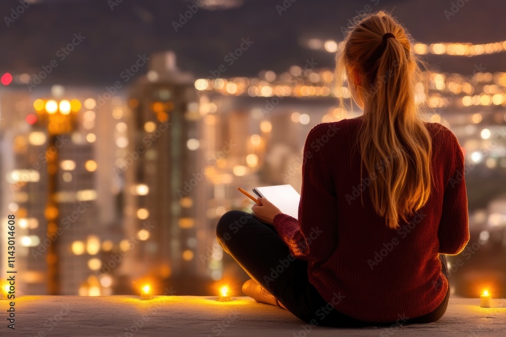 Young caucasian female reading tablet on rooftop with city lights at night Young caucasian female reading tablet on rooftop with city lights at night