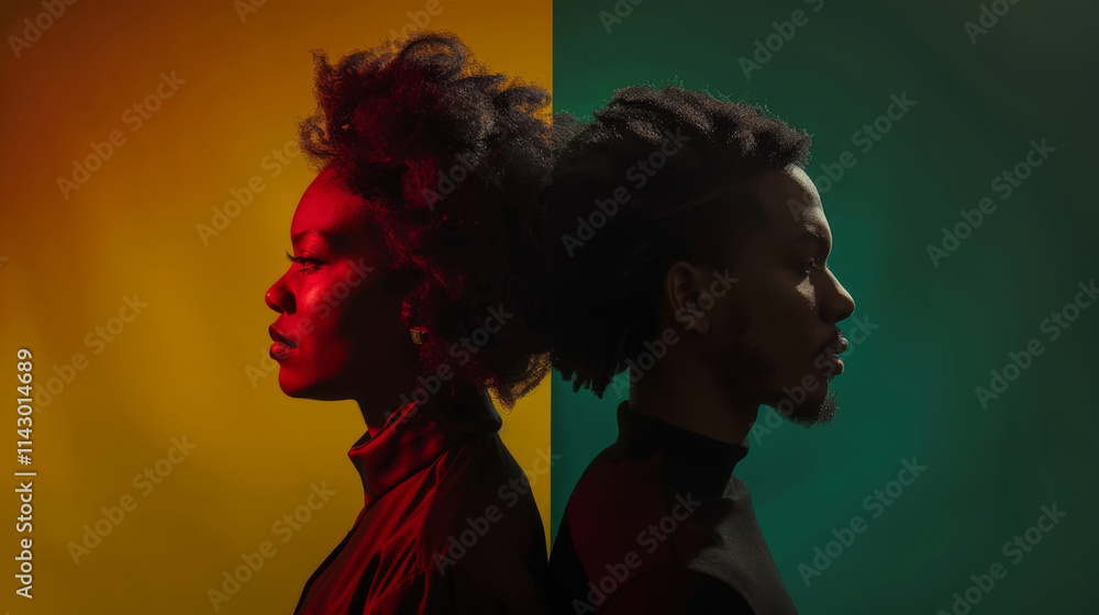 African american man and woman over red yellow green colors background. Juneteenth freedom day celebration. African american man and woman over red yellow green colors background. Juneteenth freedom day celebration.