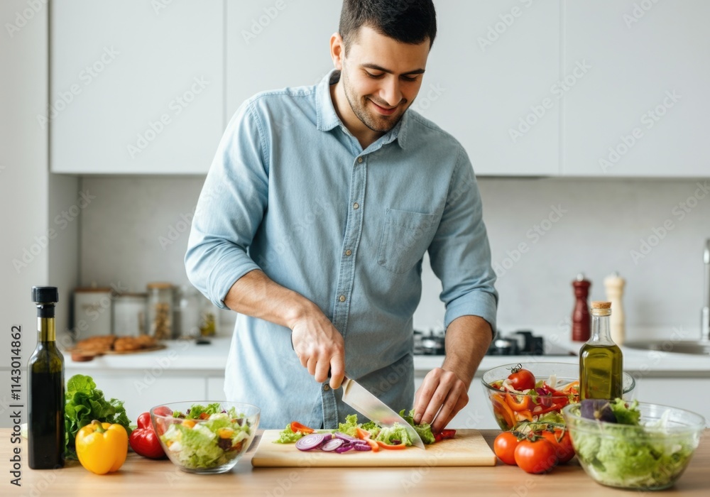 Young hispanic male preparing fresh salad in modern kitchen Young hispanic male preparing fresh salad in modern kitchen