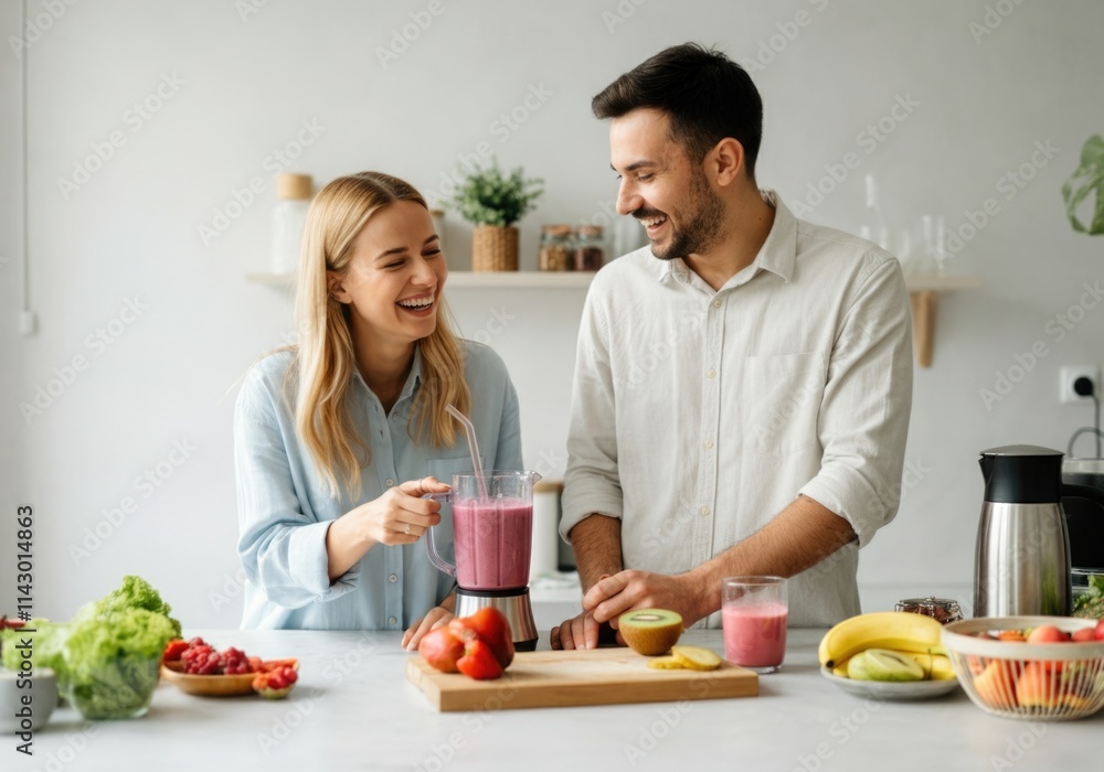 Caucasian young couple making a healthy smoothie in a kitchen with fresh fruits and vegetables Caucasian young couple making a healthy smoothie in a kitchen with fresh fruits and vegetables