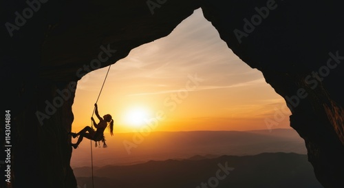 Female asian young rock climber in cave at sunset silhouette adventure