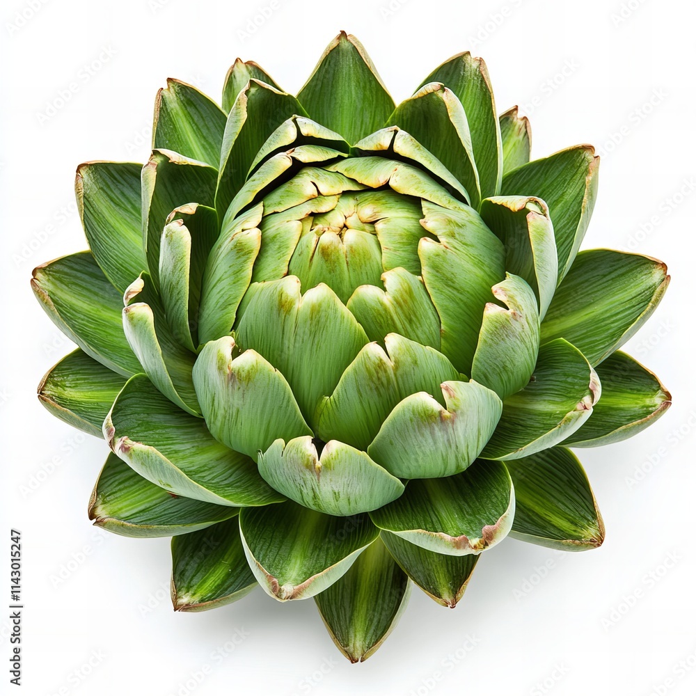 Fototapeta premium A fresh artichoke isolated on a white background, showcasing its unique texture and vibrant green color. Perfect for food, culinary, and healthy lifestyle-themed content.