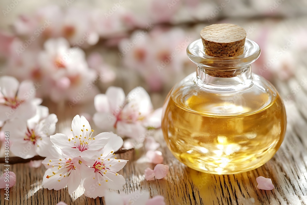 Small glass jar with essential oil and cherry blossoms on wooden table Small glass jar with essential oil and cherry blossoms on wooden table