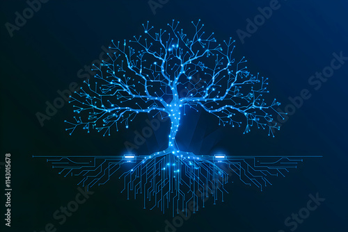 Digital tree of points and lines, blue roots extend into darkness