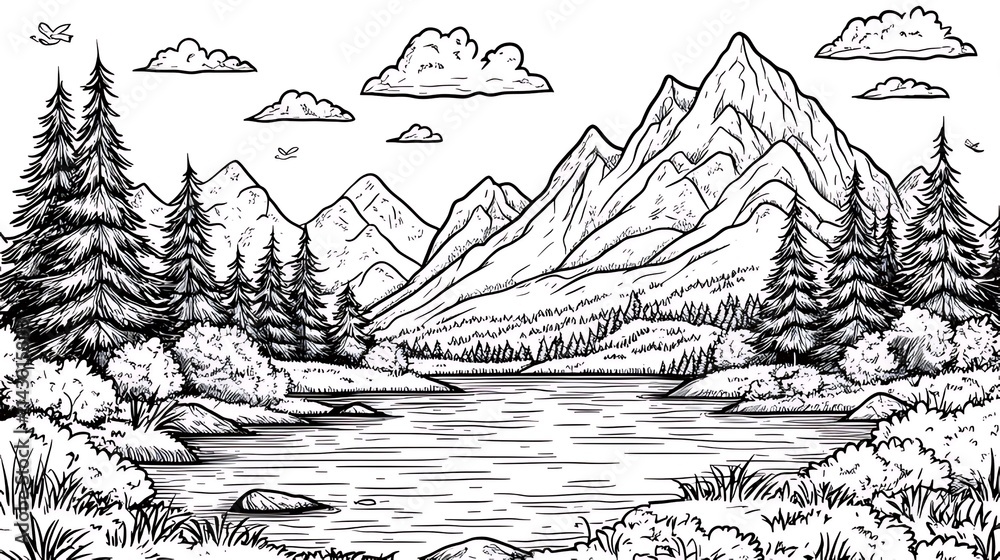 Fototapeta premium Monochrome hand-drawn illustration of a serene mountain lake scene with evergreen trees, rocks, and a partly cloudy sky.