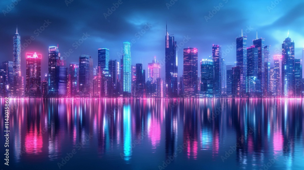 Neon city skyline reflecting on water during twilight hours. Generative AI Neon city skyline reflecting on water during twilight hours. Generative AI