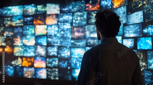 Man monitoring data amidst a mosaic of screens, a captivating backdrop for business presentations, branding, marketing, and artistic expression.