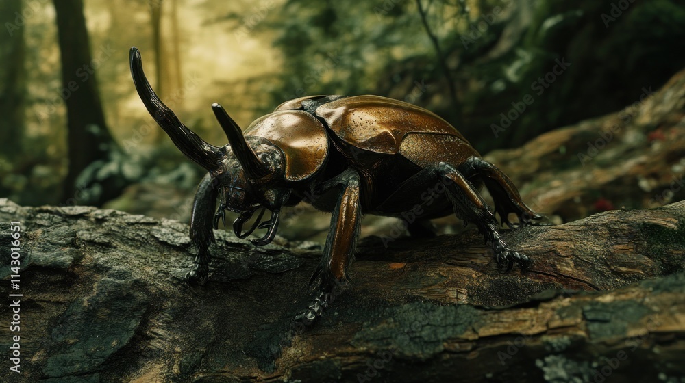 Close-up of a large bronze beetle with prominent horns crawling on a mossy log in a dark forest. Close-up of a large bronze beetle with prominent horns crawling on a mossy log in a dark forest.