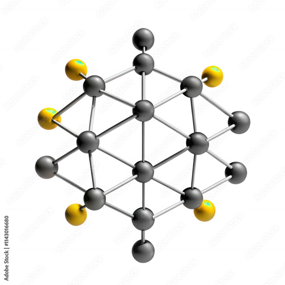 This image shows a detailed 3D model of an atomic structure showcasing black and yellow atoms in a symmetrical arrangement. Ideal for scientific presentations. This image shows a detailed 3D model of an atomic structure showcasing black and yellow atoms in a symmetrical arrangement. Ideal for scientific presentations.