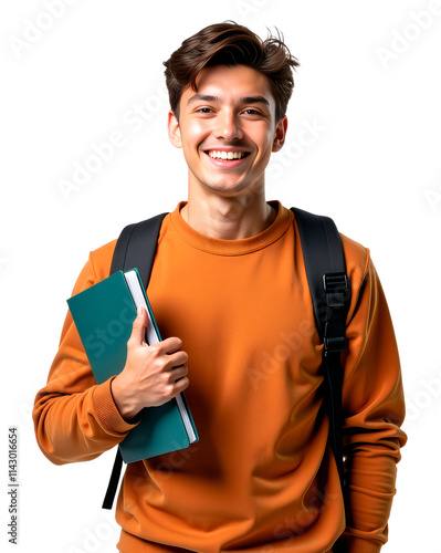 Young man smiling, orange sweater, teal folder, black backpack, student, university, cheerful expression, casual style, white background, studio lighting, portrait, positive attitude, confidence