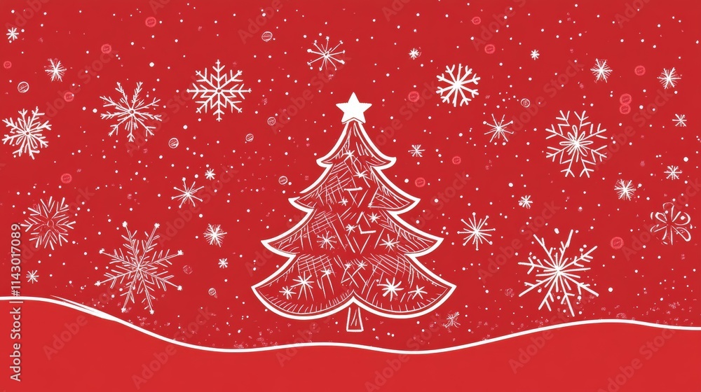 Merry Christmas and Happy New Year greeting cards feature modern line art snowflakes on a red background. The set includes posters, holiday covers, a Christmas tree, border frame, and decor. Merry Christmas and Happy New Year greeting cards feature modern line art snowflakes on a red background. The set includes posters, holiday covers, a Christmas tree, border frame, and decor.