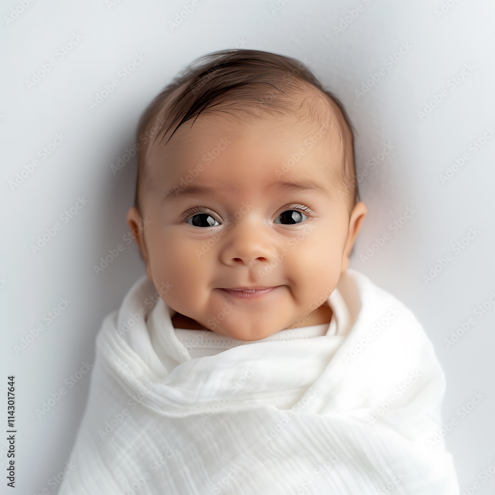Adorable baby smiling wrapped in white muslin blanket Adorable baby smiling wrapped in white muslin blanket