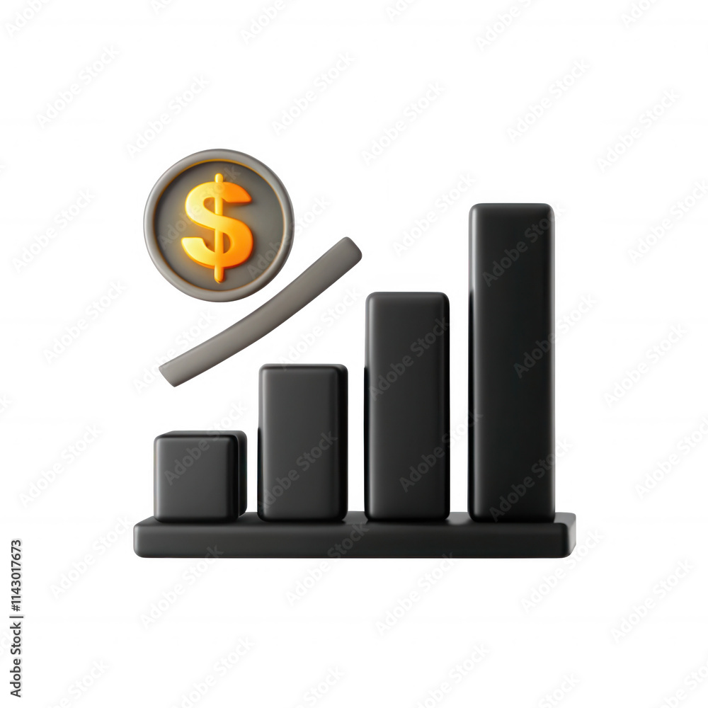 A sleek black 3D financial graph icon with an upward trend line and a dollar sign overlay, representing financial growth and success. A sleek black 3D financial graph icon with an upward trend line and a dollar sign overlay, representing financial growth and success.