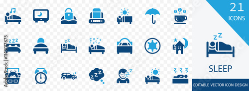 Sleep solid icon set. containing bed, pillow, alarm clock, dream, sleep, sleeping baby, blanket and more vector design