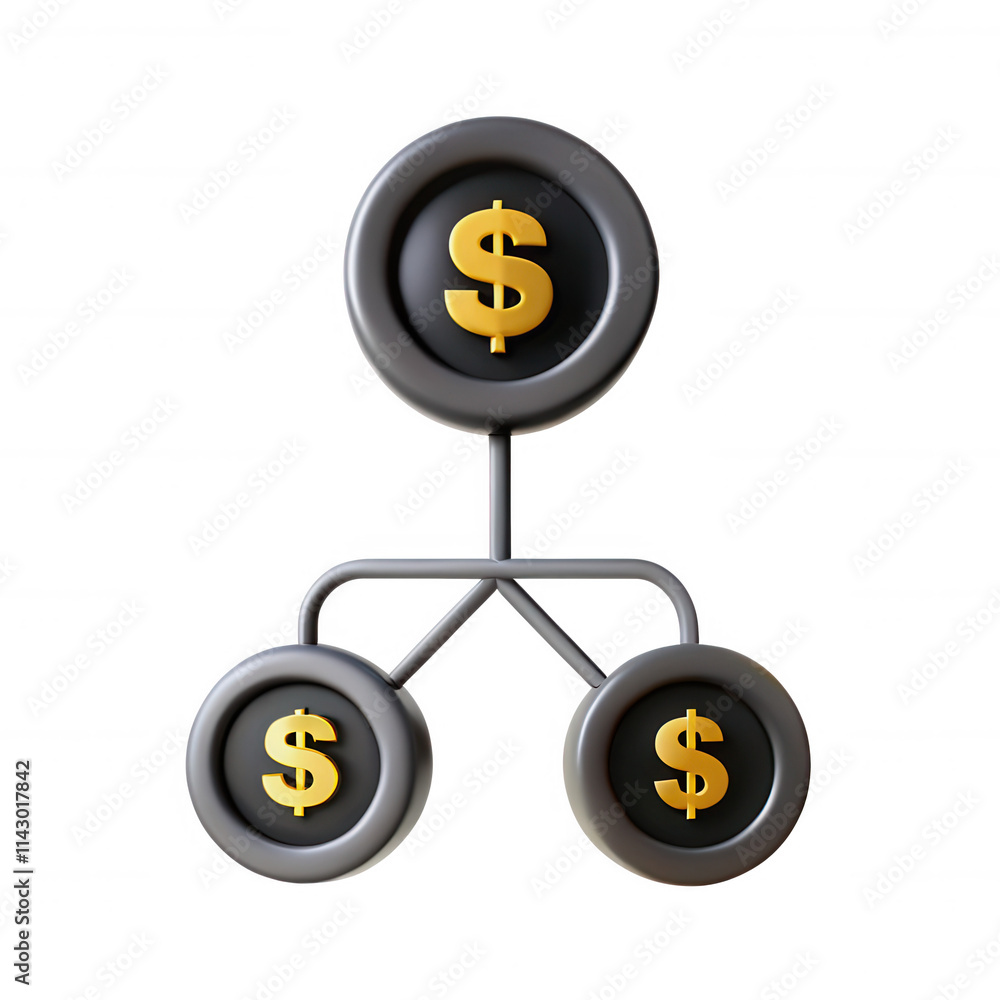 A 3D model depicting a financial structure with golden dollar signs on circular black backgrounds. Represents economic growth and investment concepts. A 3D model depicting a financial structure with golden dollar signs on circular black backgrounds. Represents economic growth and investment concepts.