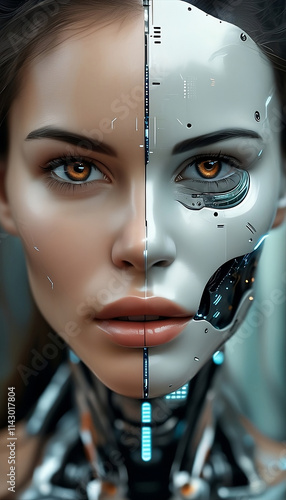 Close-up of a human-cyborg hybrid face, split between realistic human features and futuristic robotic technology, representing artificial intelligence and sci-fi themes.  
