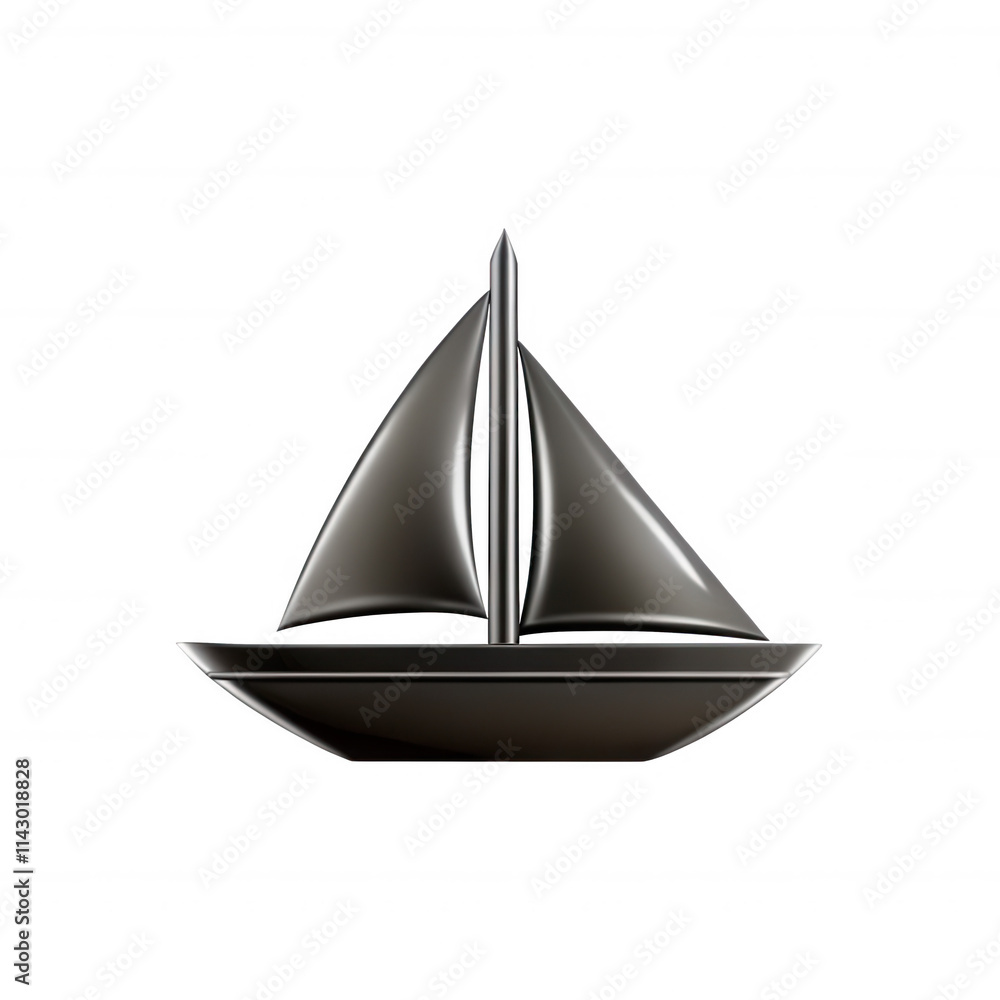 A sleek, black sailing boat icon rendered in 3D, featuring a traditional design with a tall mast and billowing sails. A sleek, black sailing boat icon rendered in 3D, featuring a traditional design with a tall mast and billowing sails.