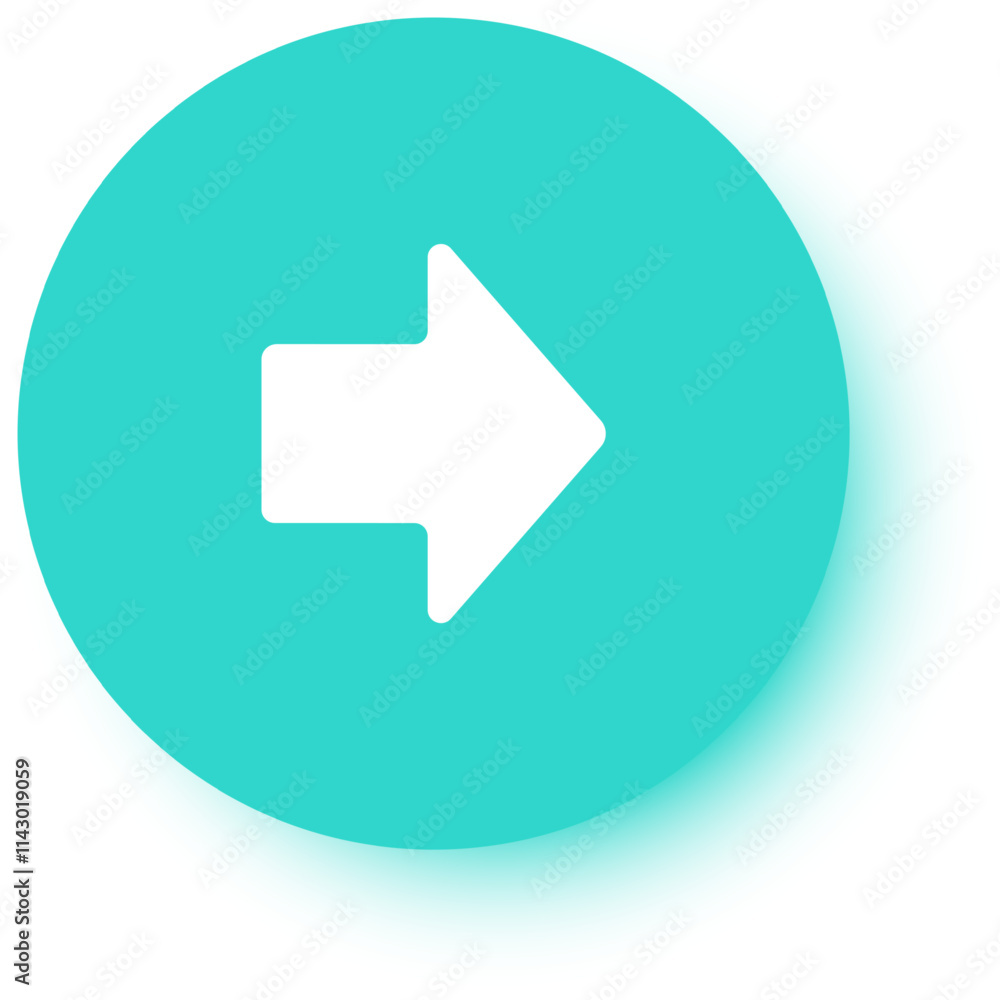 Minimalist vector graphic showing a white arrow pointing right on a turquoise circle with drop shadow on white background, conveying direction, movement, and progress Minimalist vector graphic showing a white arrow pointing right on a turquoise circle with drop shadow on white background, conveying direction, movement, and progress
