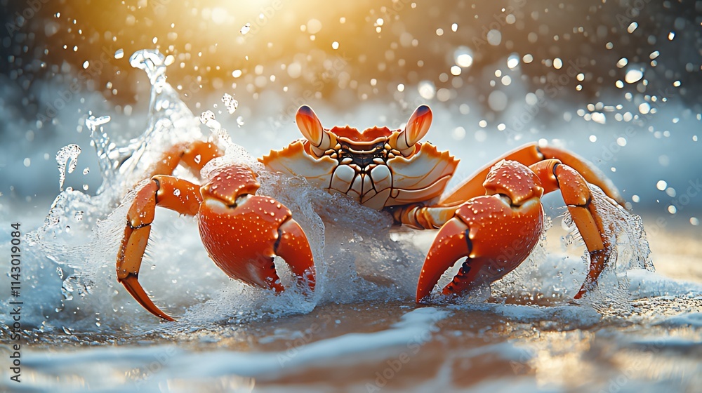 Orange crab emerging from ocean wave at sunset. Orange crab emerging from ocean wave at sunset.