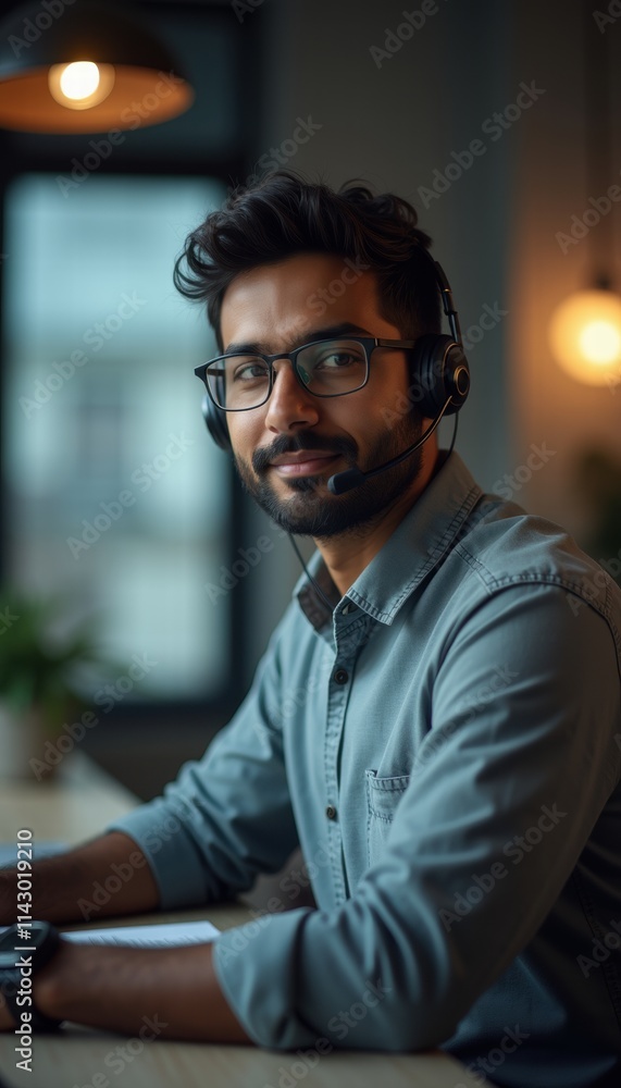 A friendly customer support representative with a headset, ready to assist clients. Ideal for promoting customer service, teamwork, and communication in business environments. A friendly customer support representative with a headset, ready to assist clients. Ideal for promoting customer service, teamwork, and communication in business environments.