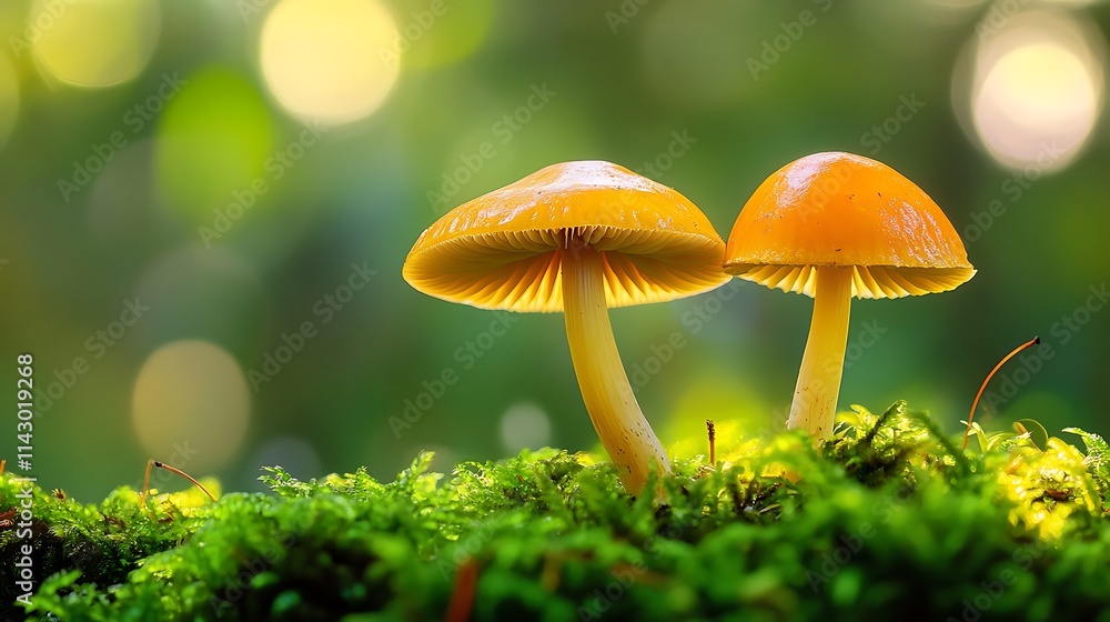 Two orange mushrooms growing on moss in forest sunlight Two orange mushrooms growing on moss in forest sunlight