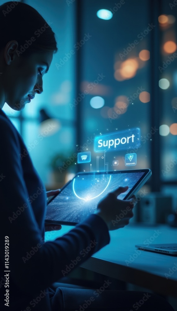 A customer support representative engaged with a tablet, showcasing digital support tools in a modern workspace, emphasizing technology and efficiency at night. A customer support representative engaged with a tablet, showcasing digital support tools in a modern workspace, emphasizing technology and efficiency at night.