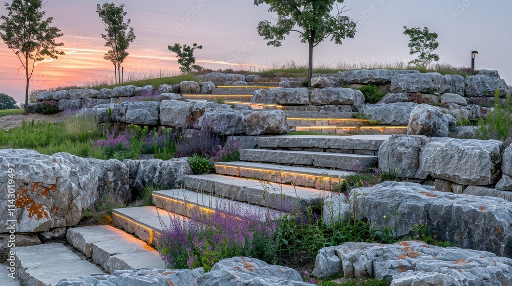 Fototapeta premium A serene landscape featuring illuminated stone steps amidst greenery and flowers at sunset.