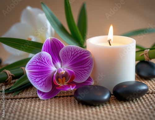 Purple orchid flower, candle, stones on beige background