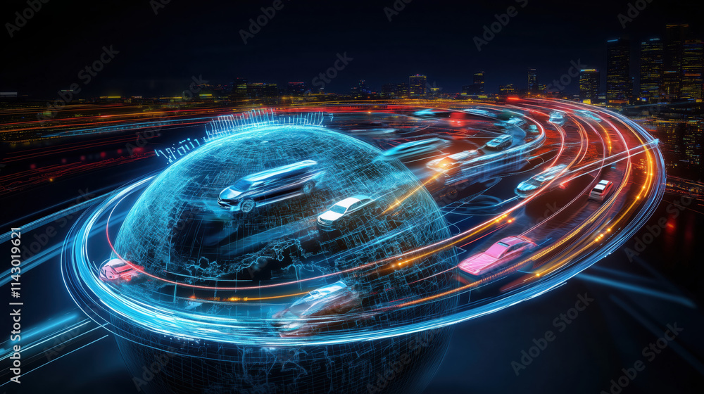 3D Globe with Orbiting Transportation Symbols and Glowing Trails: Representing Global Mobility and Infrastructure Development 3D Globe with Orbiting Transportation Symbols and Glowing Trails: Representing Global Mobility and Infrastructure Development
