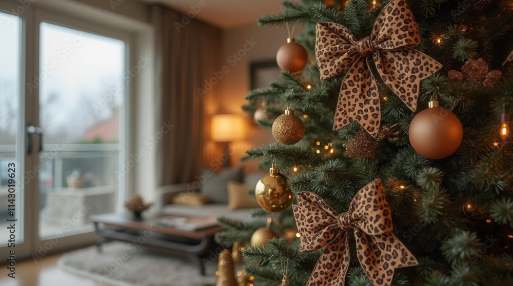 Fototapeta premium christmas tree with leopard print bow and baubles