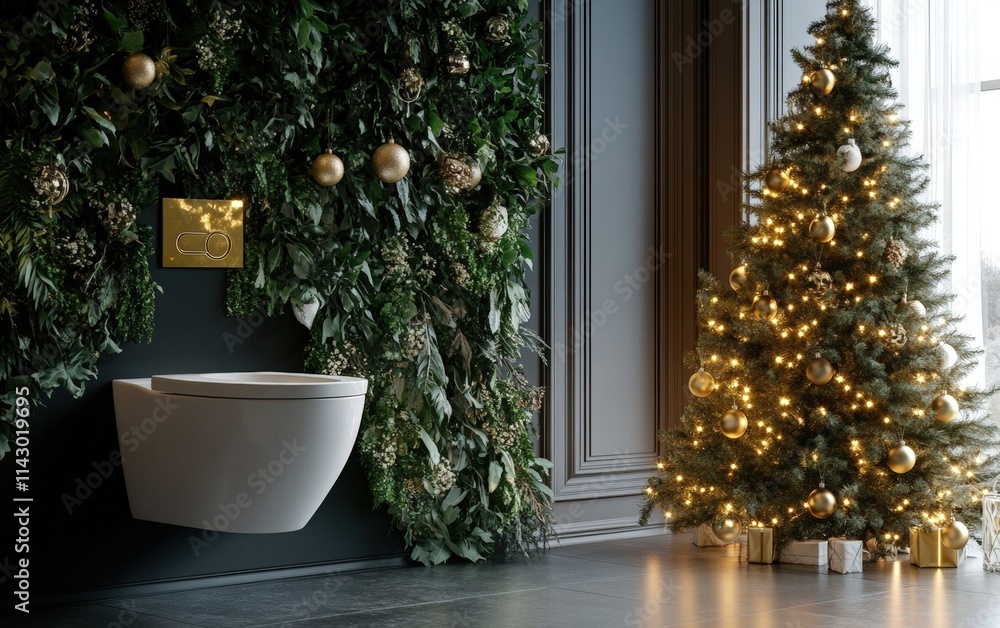 A luxurious wall-mounted toilet surrounded by frosted greenery and a glowing Christmas tree with golden decorations nearby A luxurious wall-mounted toilet surrounded by frosted greenery and a glowing Christmas tree with golden decorations nearby