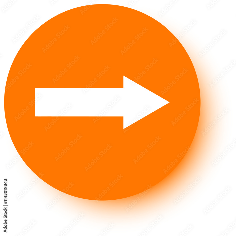 White arrow pointing to the right placed on an orange circle with a slight shadow on a white background, perfect for indicating direction or movement White arrow pointing to the right placed on an orange circle with a slight shadow on a white background, perfect for indicating direction or movement