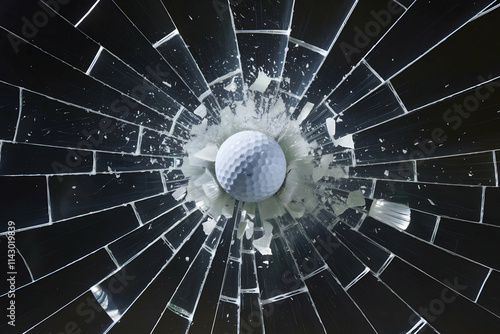 Golf ball shatters glass, dramatic shards scatter against dark, sleek background