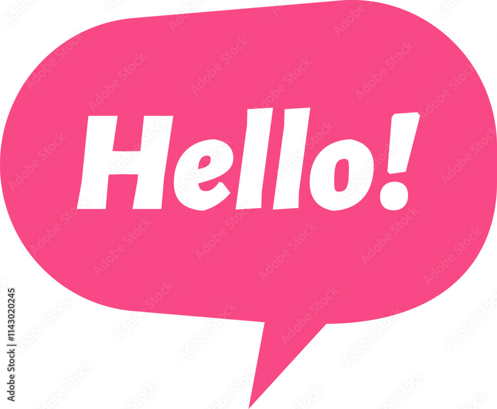 Pink speech bubble featuring a cheerful hello greeting with an exclamation mark, symbolizing friendly communication and engaging introductory expressions in social interactions Pink speech bubble featuring a cheerful hello greeting with an exclamation mark, symbolizing friendly communication and engaging introductory expressions in social interactions