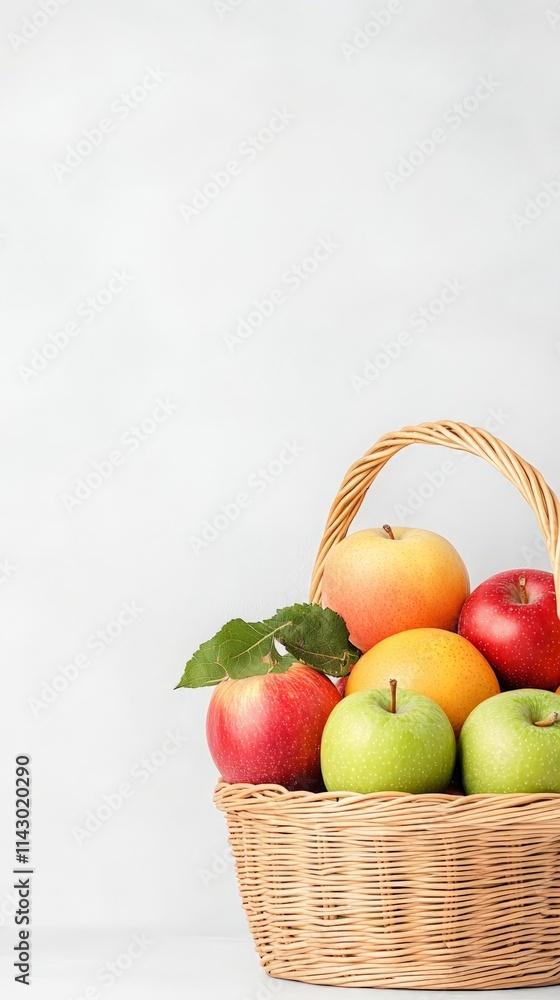 Vibrant red, green, and yellow apples arranged in a wicker basket against a clean, light background. Perfect for healthy living, nature, or harvest themes. Vibrant red, green, and yellow apples arranged in a wicker basket against a clean, light background. Perfect for healthy living, nature, or harvest themes.