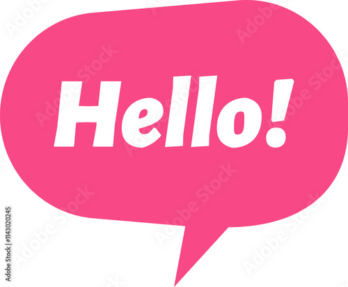 Pink speech bubble featuring a cheerful hello greeting with an exclamation mark, symbolizing friendly communication and engaging introductory expressions in social interactions