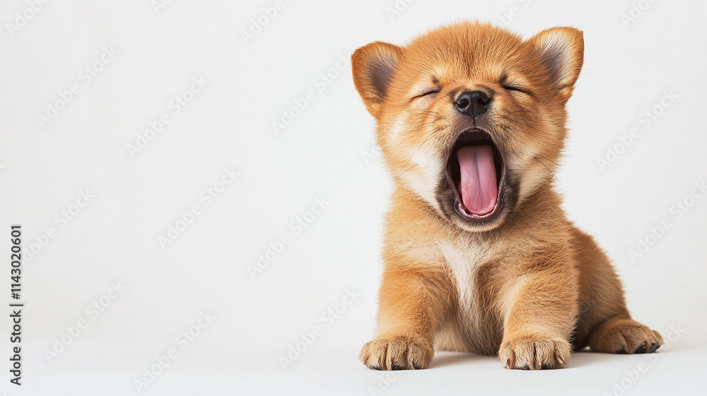 Obraz premium Cute adorable little puppy dog yawning isolated on white background. funny and sweet small domestic baby pet animal, tired lovely fluffy companion, open mouth, sleep, rest.