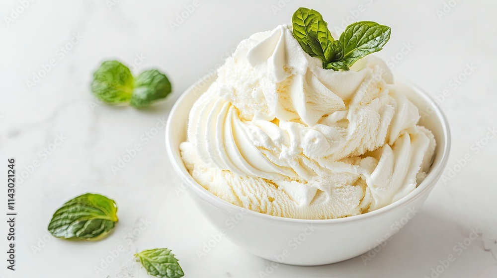 Bowl of whipped cream with ice cream isolated on white marble background from close-up view Bowl of whipped cream with ice cream isolated on white marble background from close-up view
